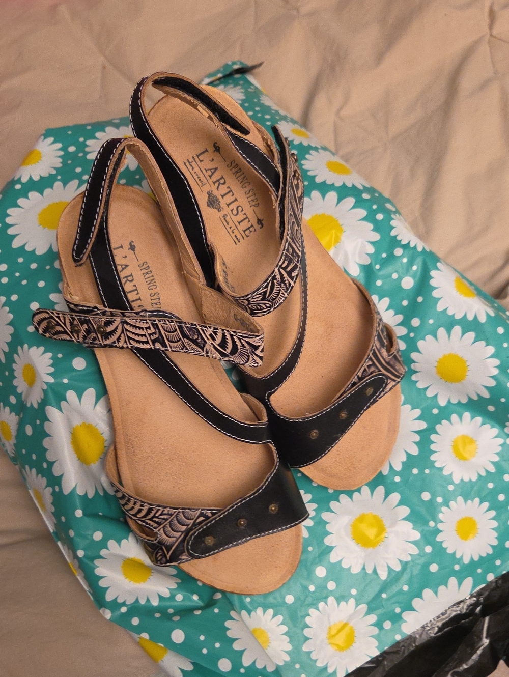 Spring Step Black and Tan Patterned Slingback Sandals